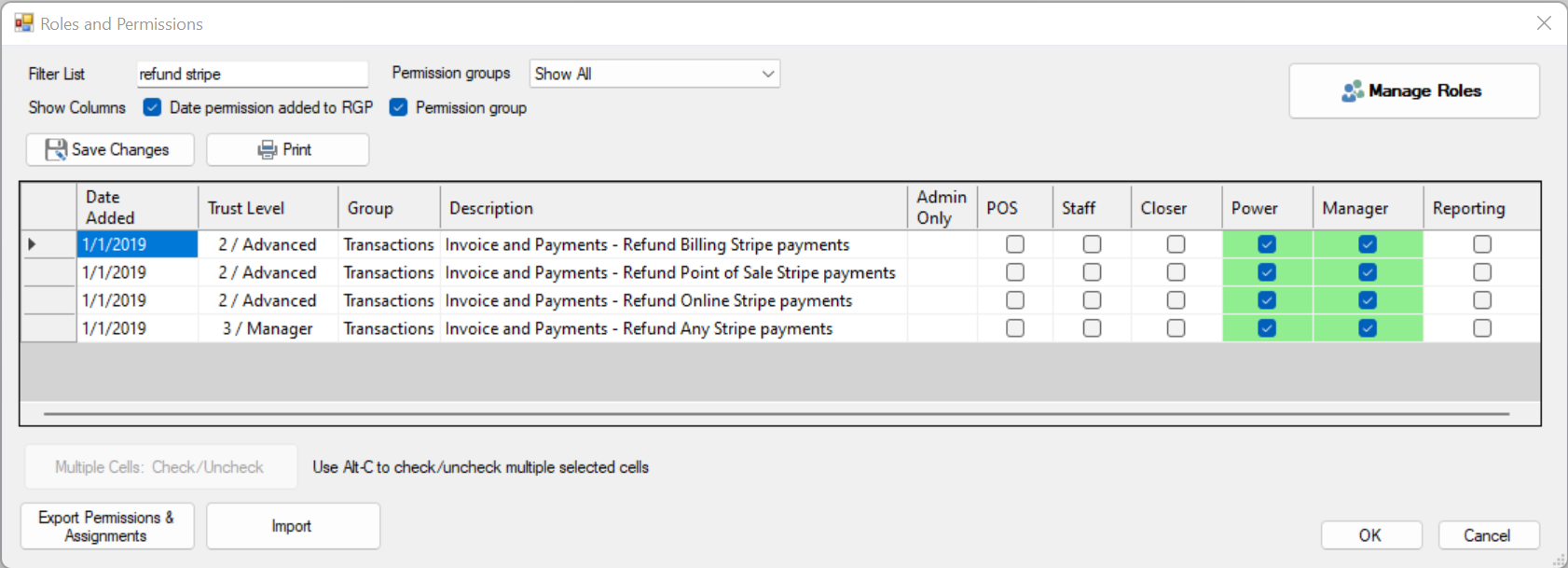Roles and permissions settings window.