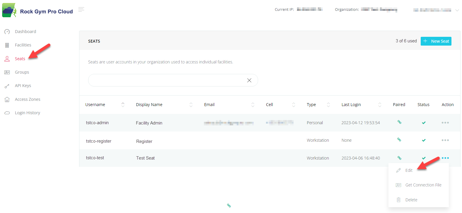 Seats management interface with user list.