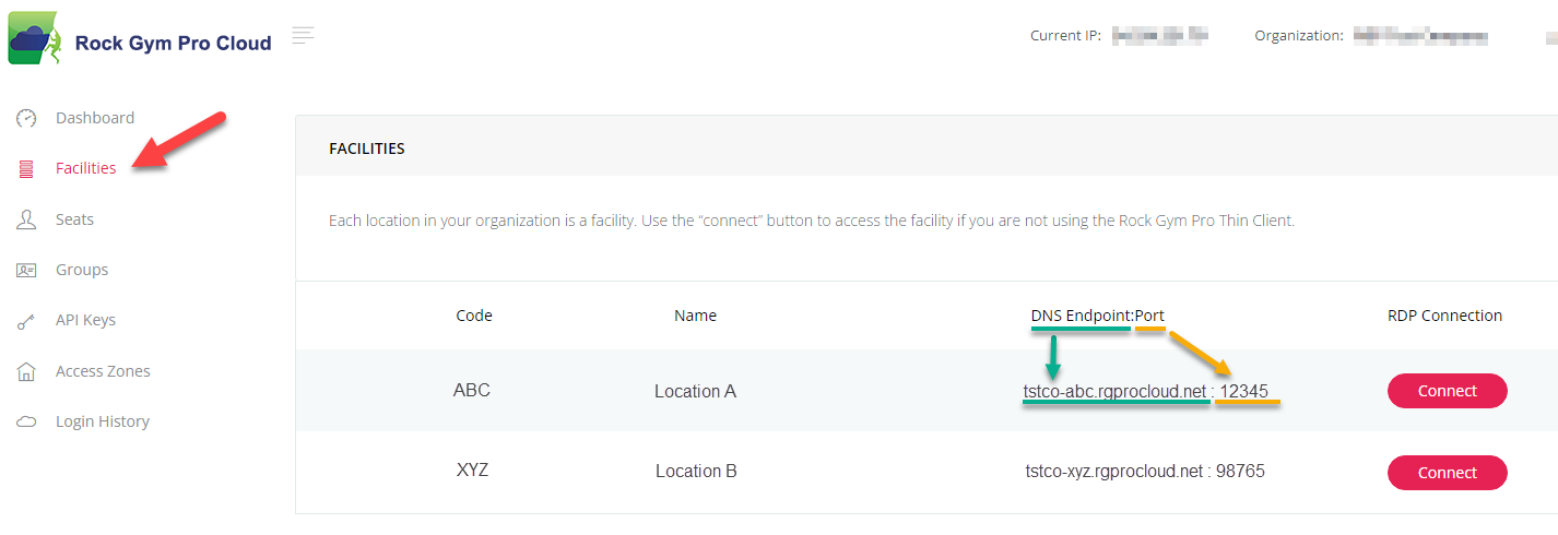 Facilities page with connection options.