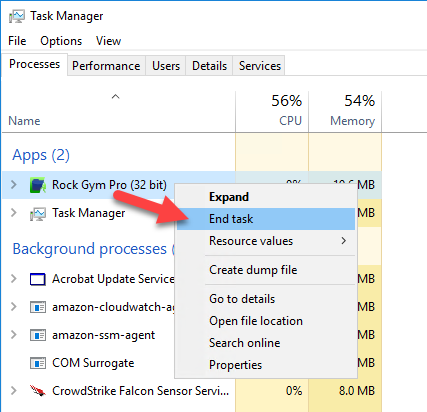 Task Manager with 'End task' option highlighted.