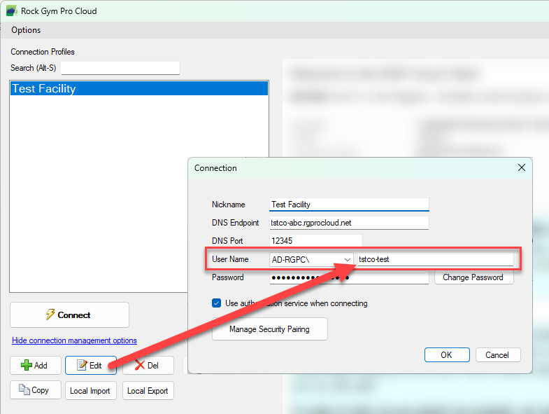 Connection settings window with username highlighted.