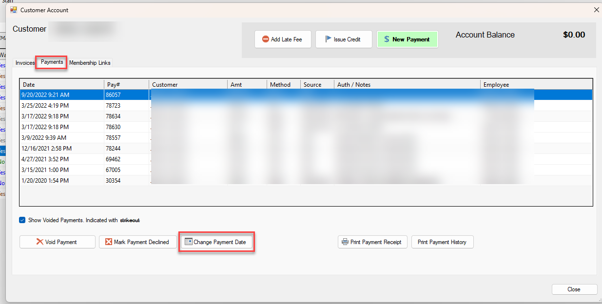 Customer account payment details screen.