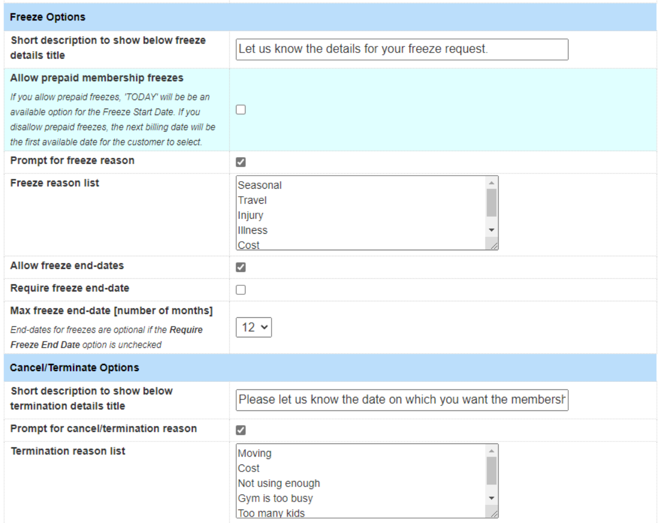 Membership freeze and termination options form.