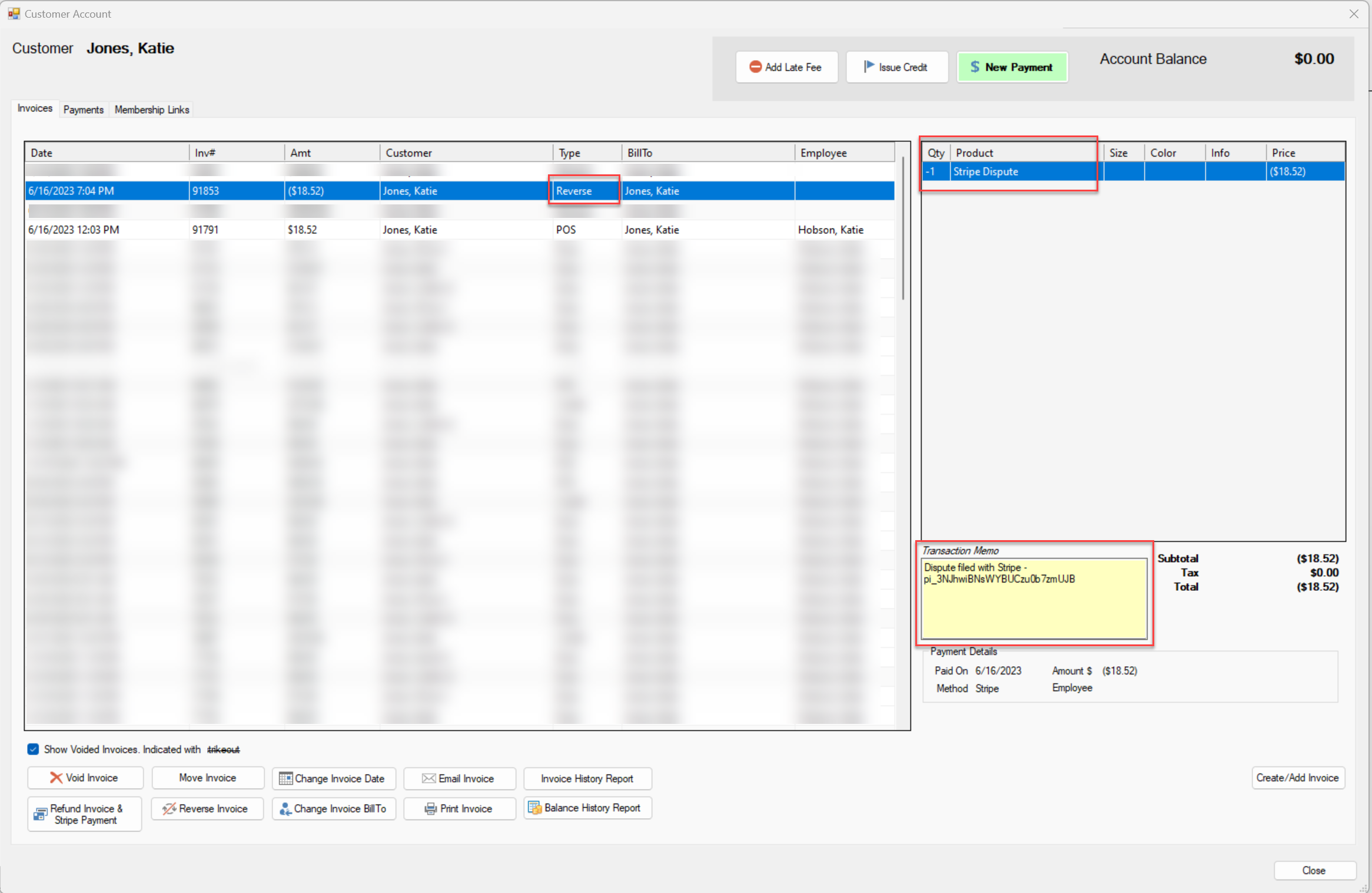 Customer account transaction details screen.