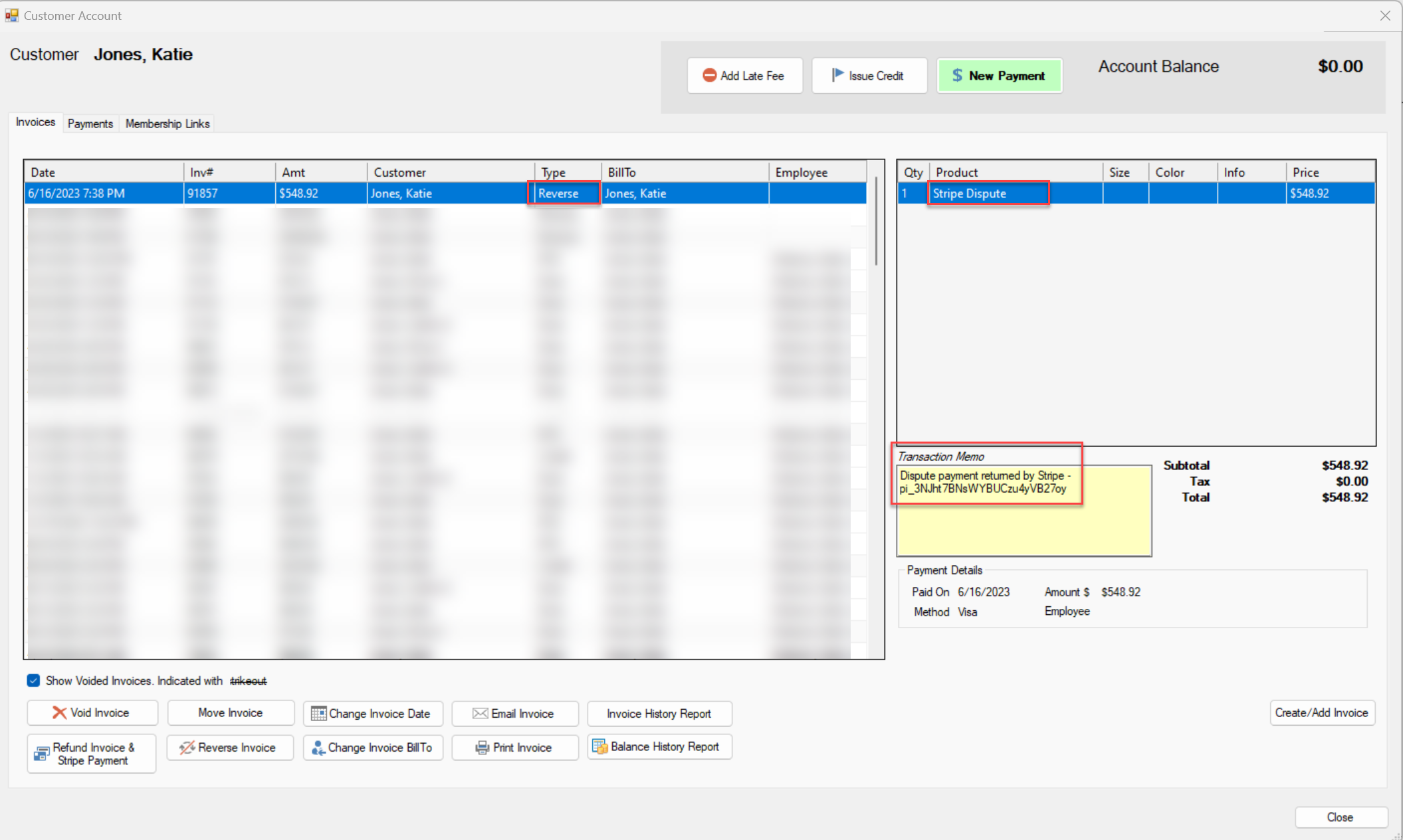 Customer account transaction details screen.