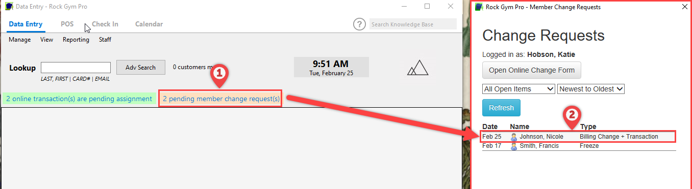 Pending member change requests screen