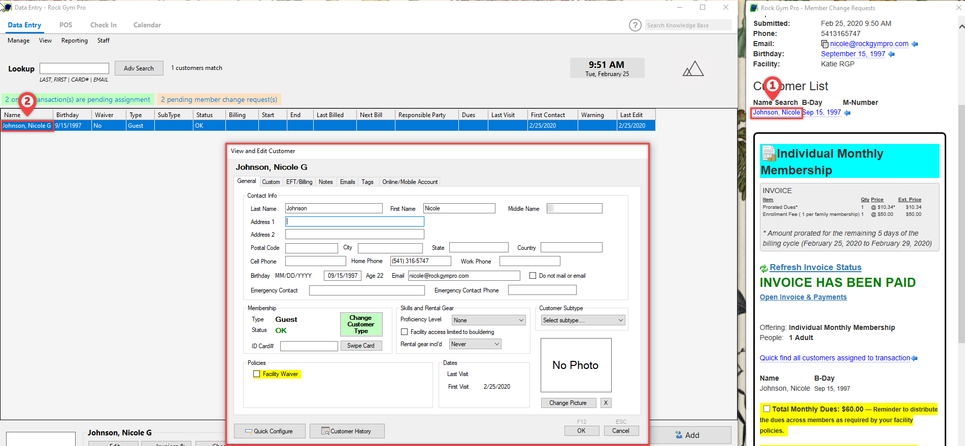 Customer profile and membership invoice.