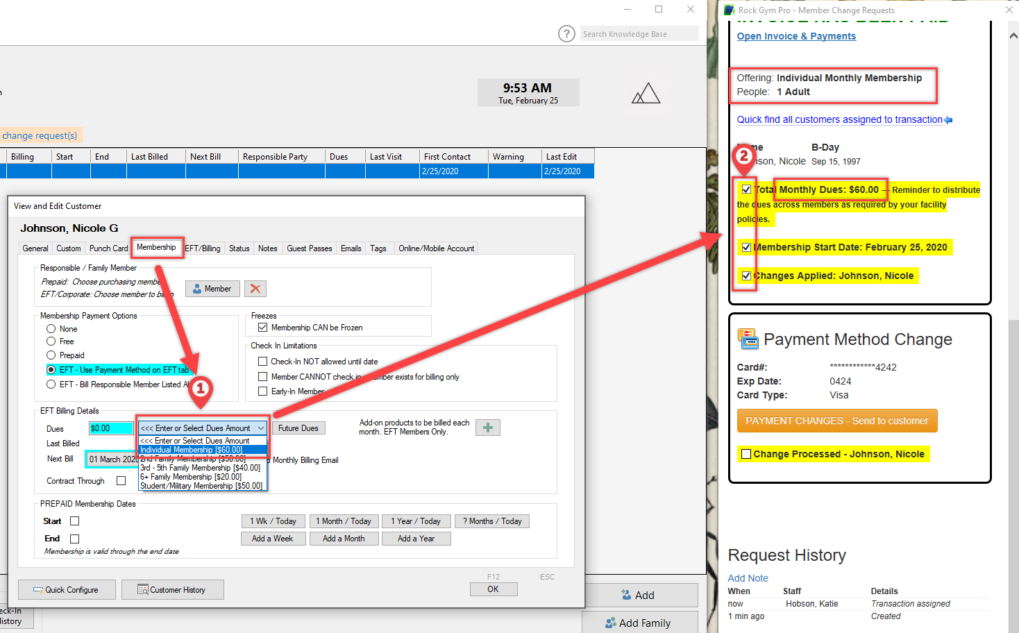 Membership and payment details screen.