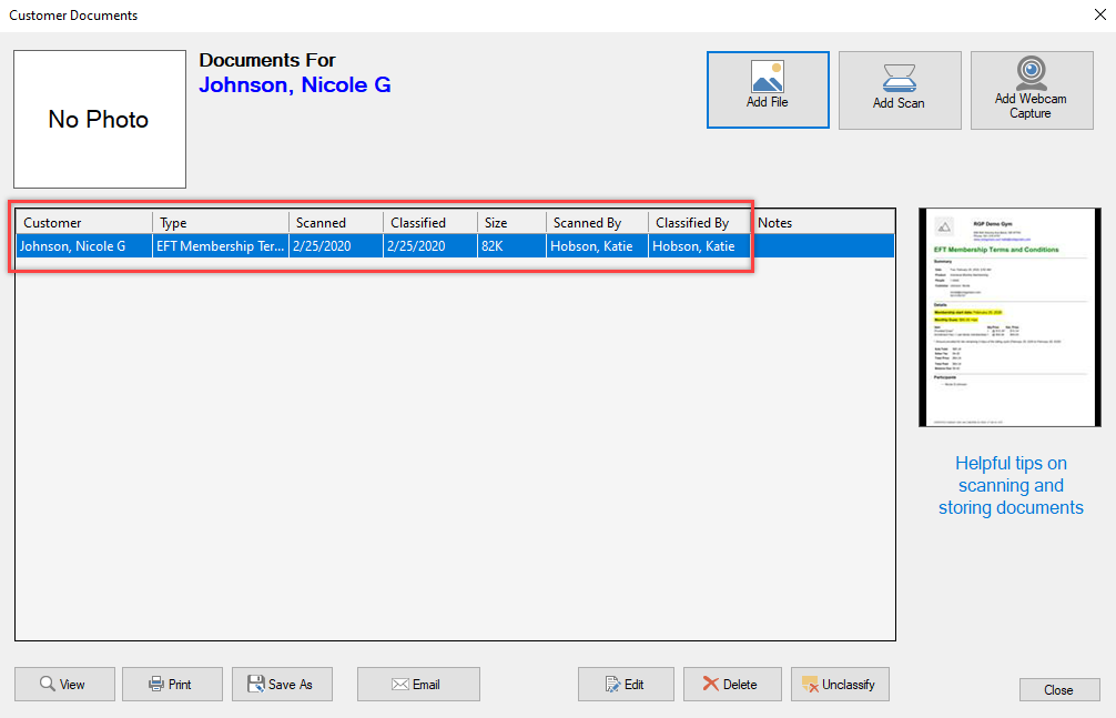 Customer document management interface.