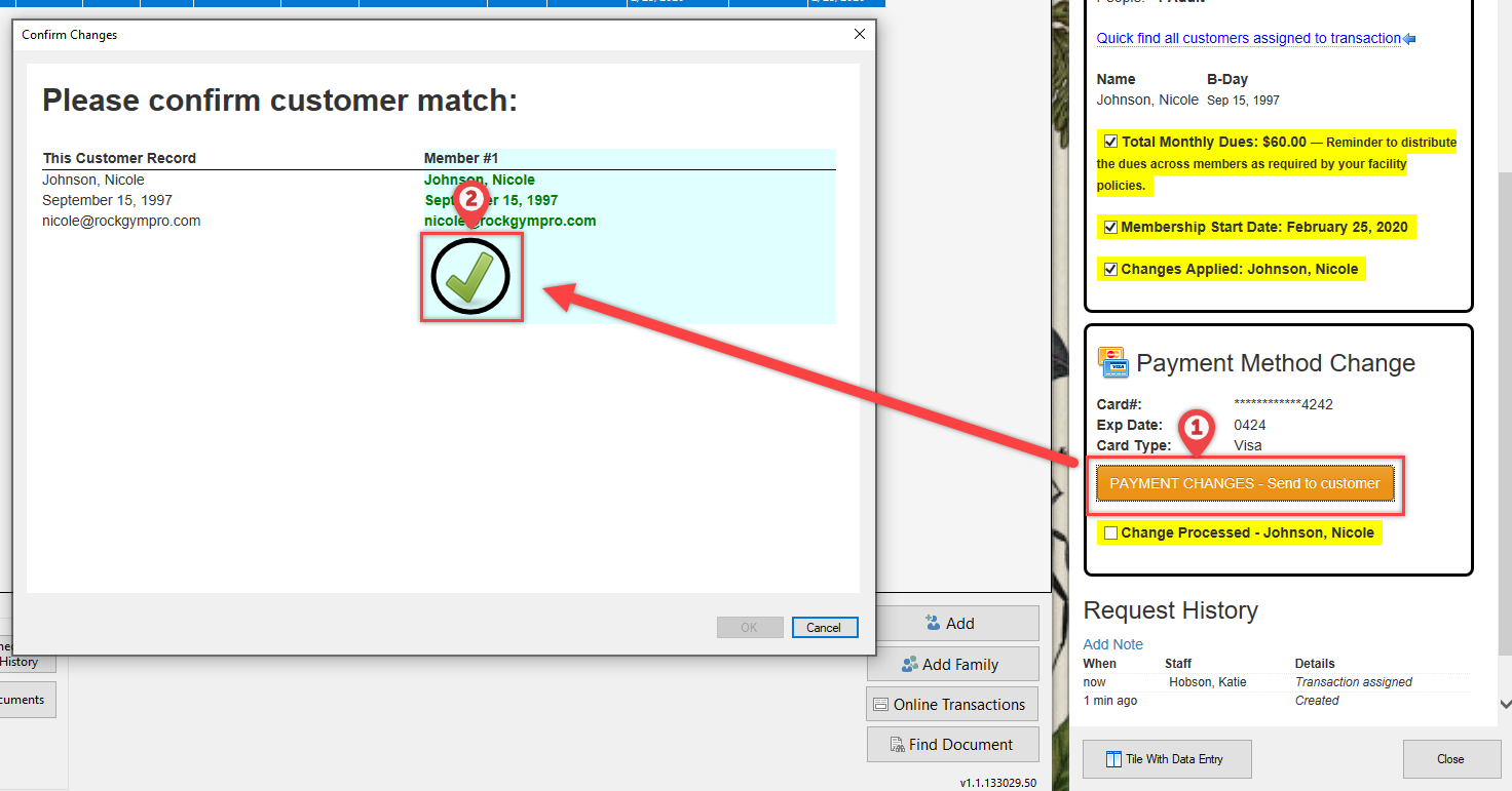 Customer match confirmation screen.