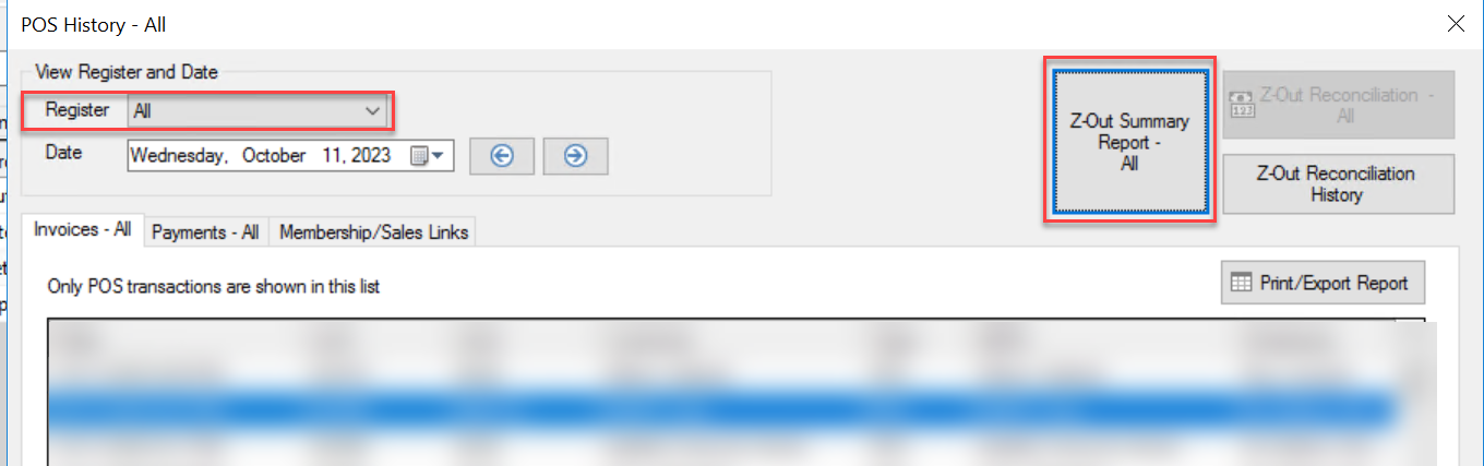 POS history interface with report options.