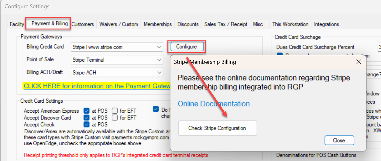 Stripe payment configuration settings window.