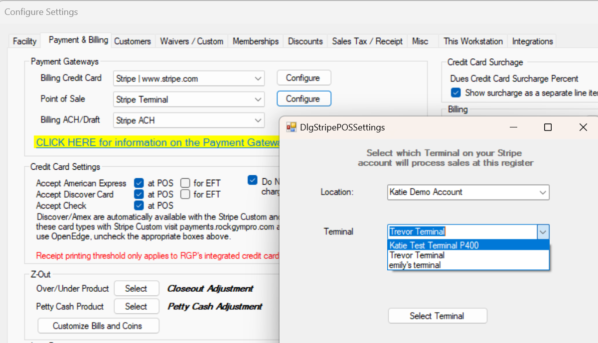 Payment settings configuration window.