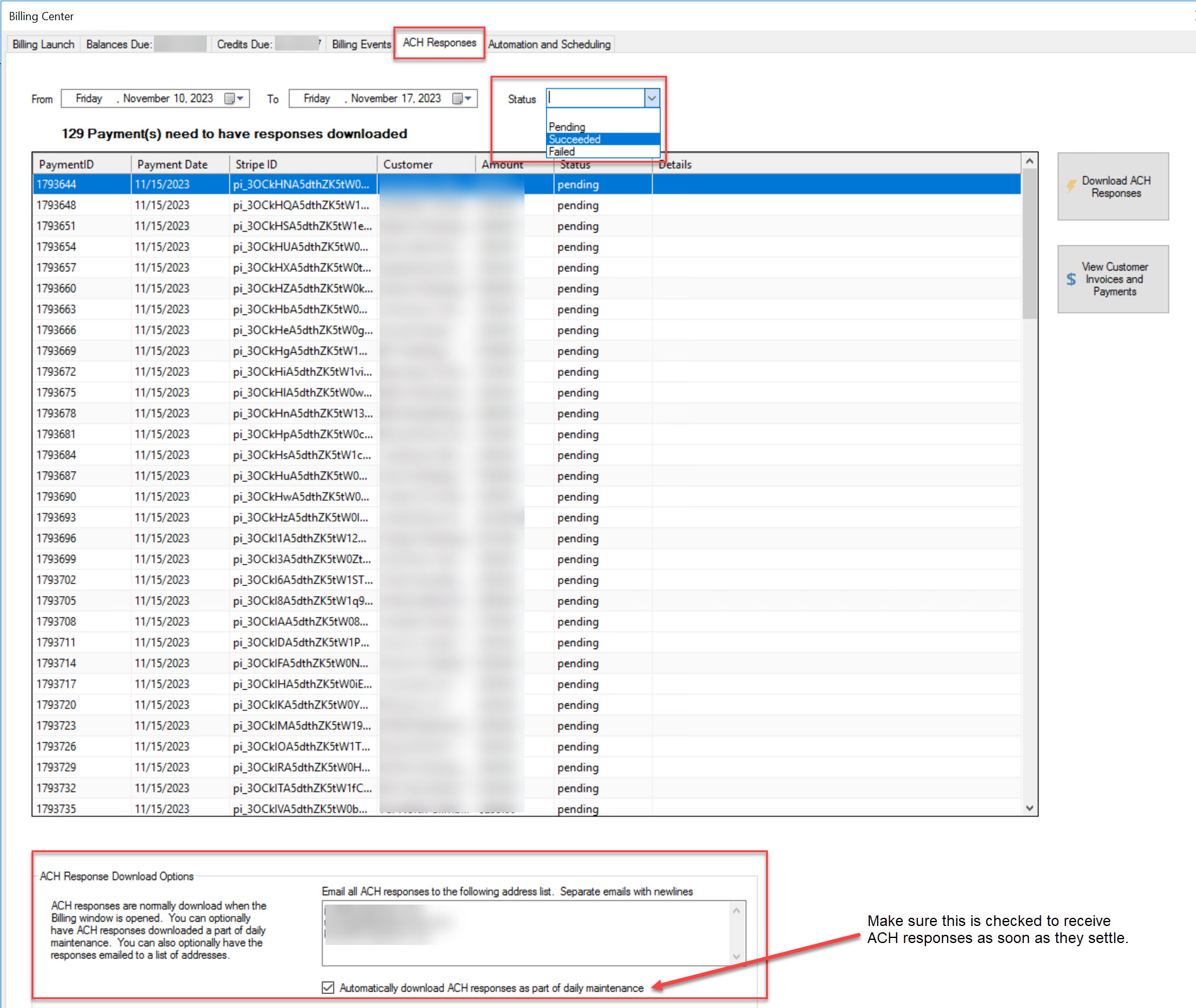 ACH response download interface screenshot
