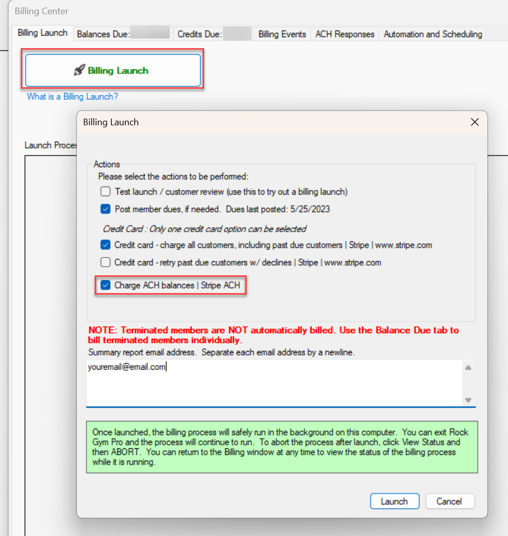Billing launch options and settings window.