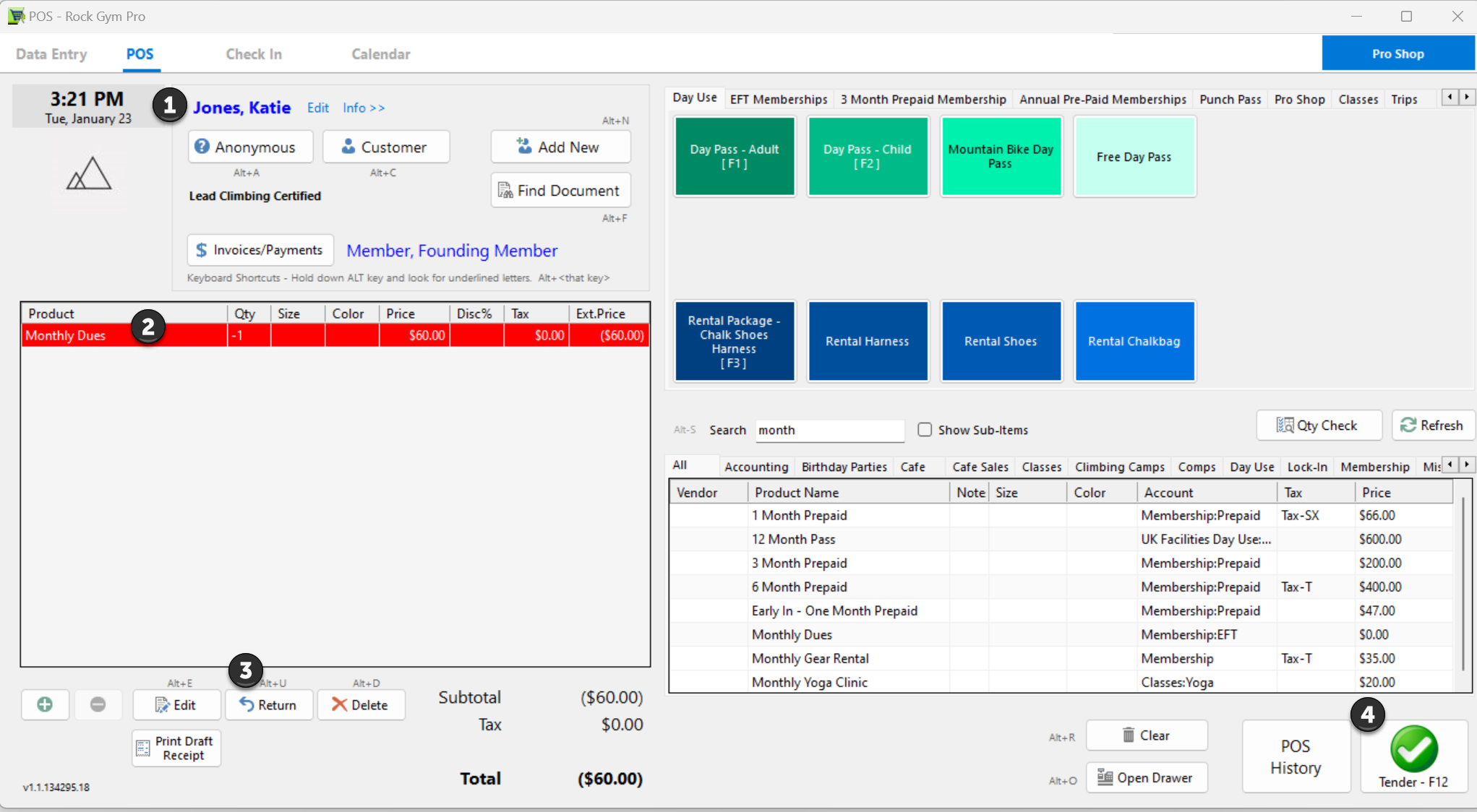 Rock Gym Pro POS system interface screenshot.