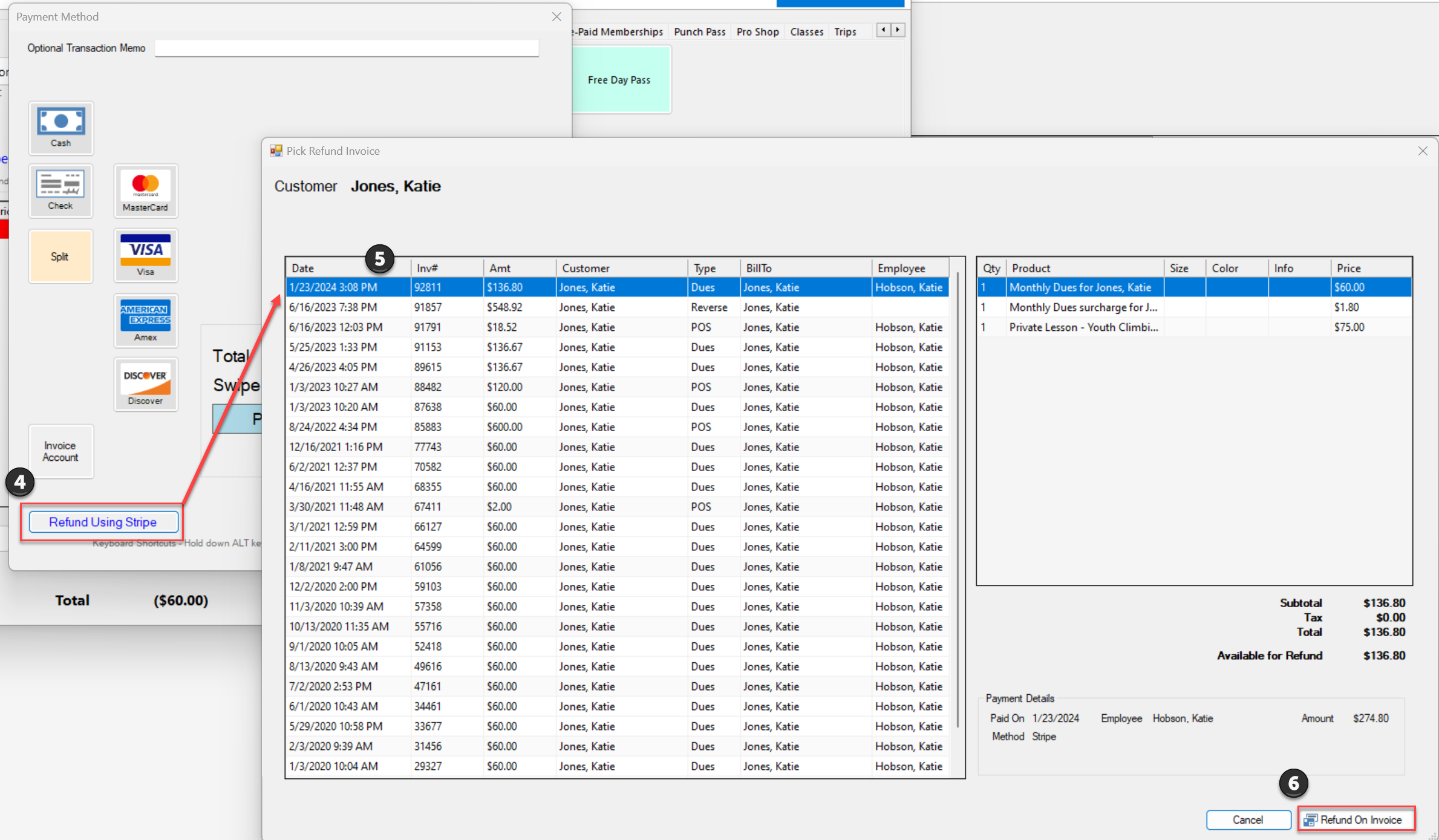 Refund process screen with invoice details.