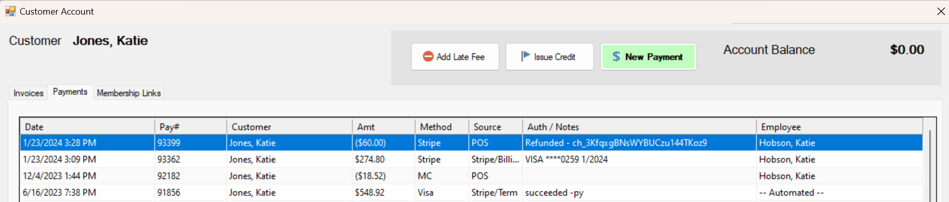 Customer account payment history table.