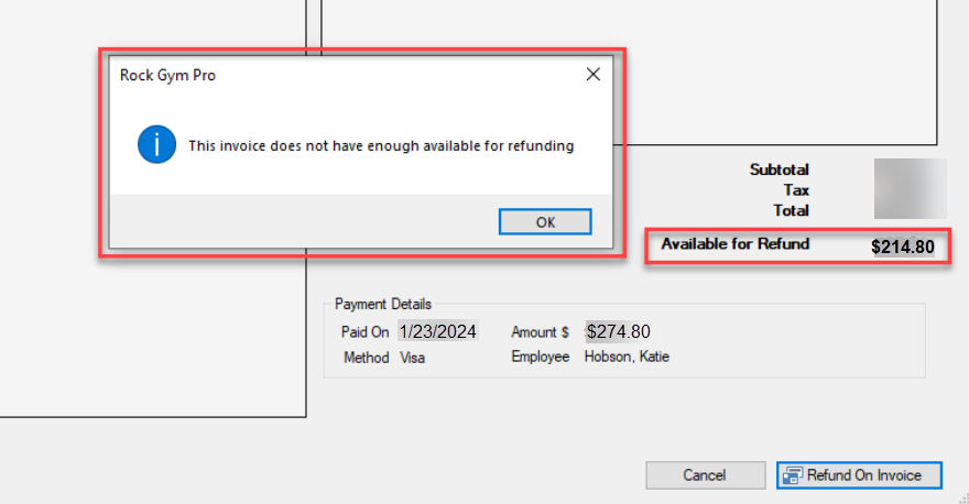 Refund not available message on invoice screen.