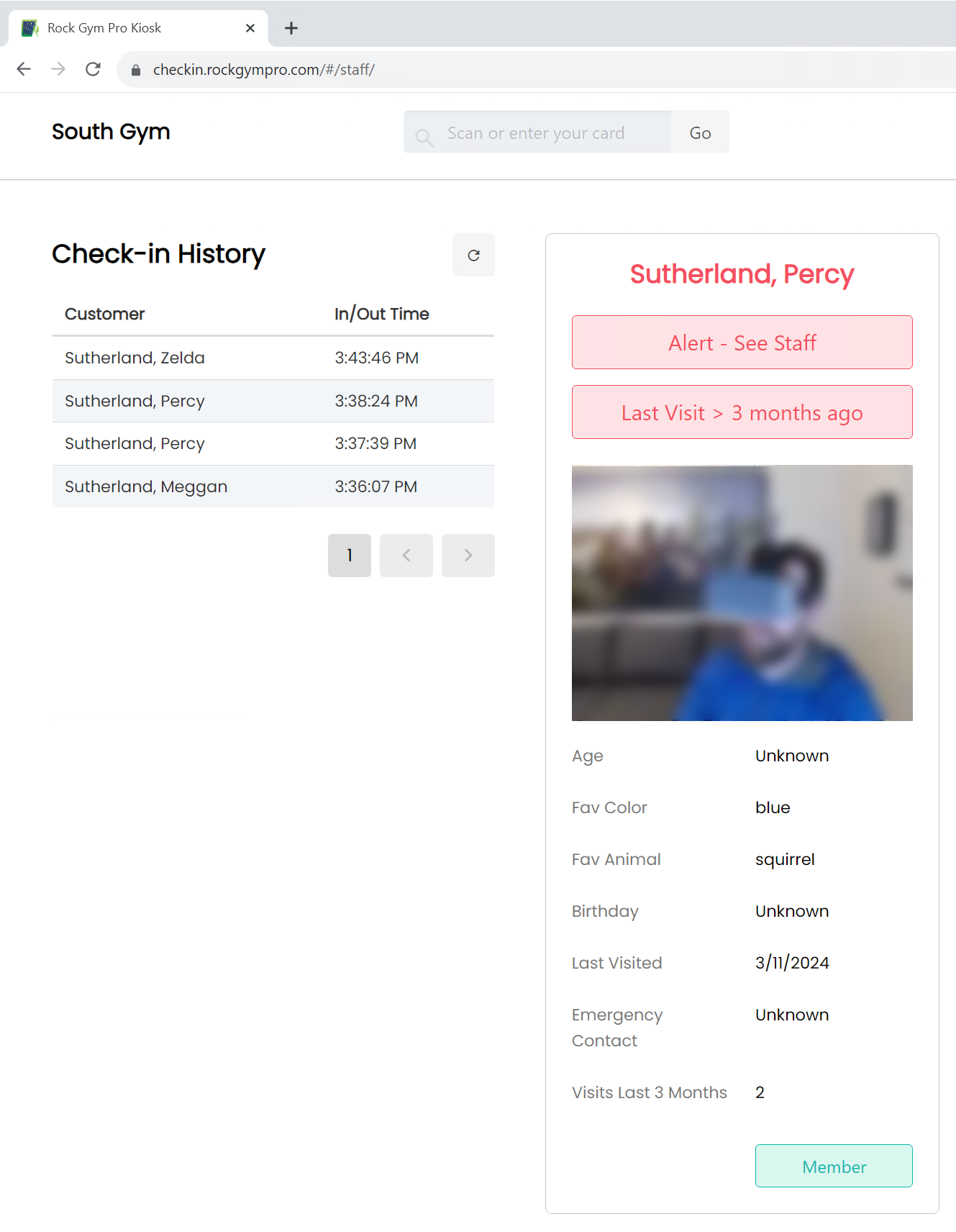Gym check-in history and member alert.
