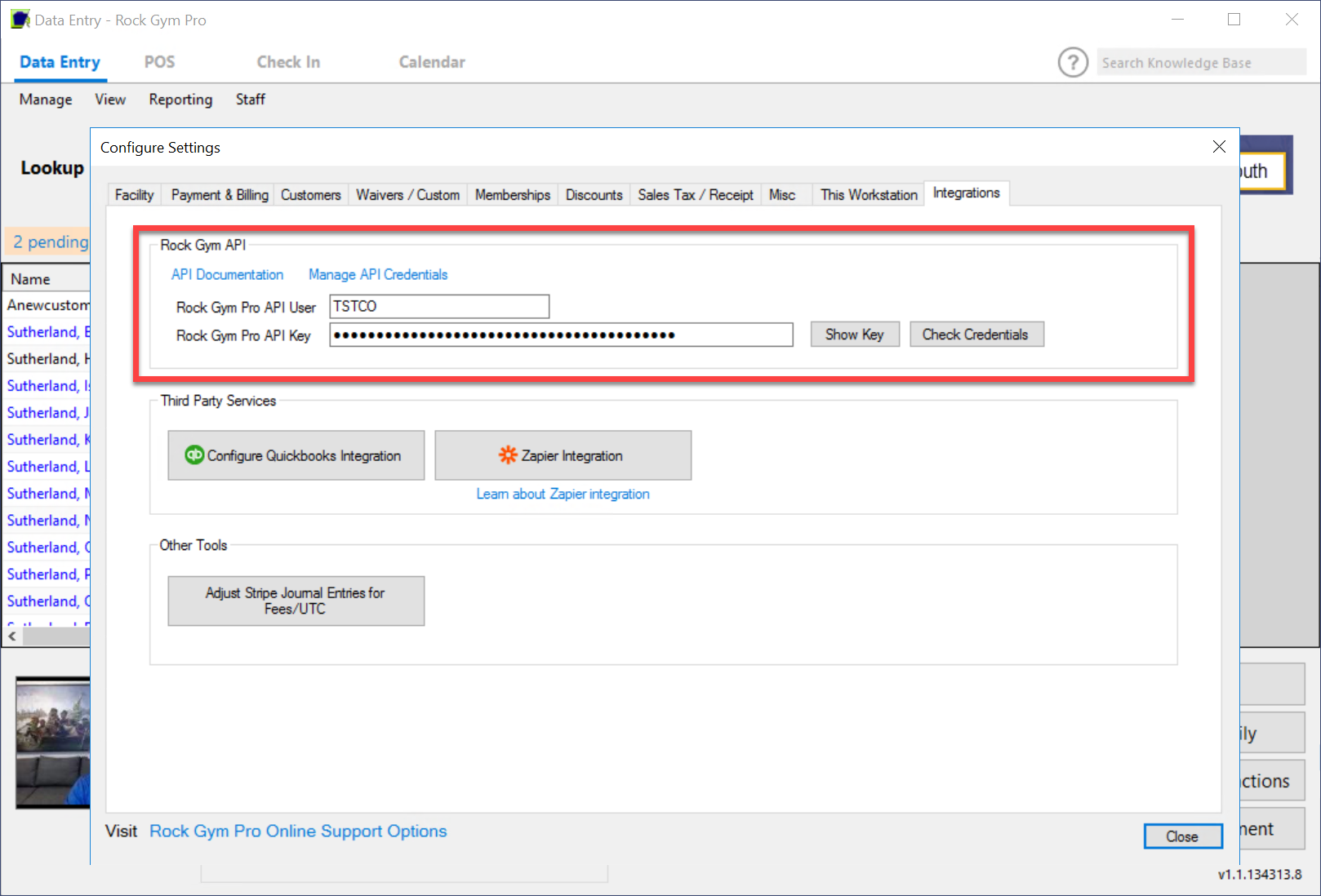 Rock Gym Pro API configuration settings window.