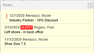 Notes with alerts and shoe information