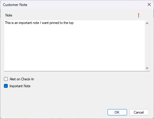 Customer Note dialog with important note text.