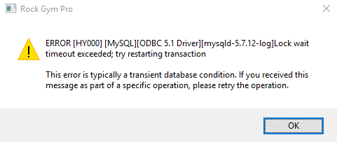 Database error message with OK button.