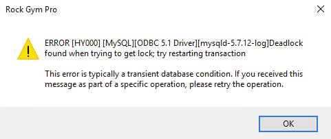Database error message with deadlock warning.