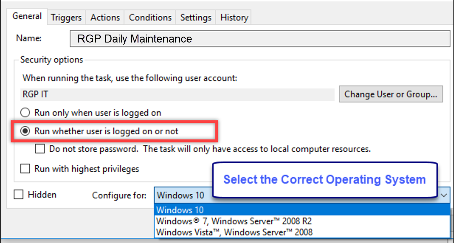 Task settings for RGP Daily Maintenance