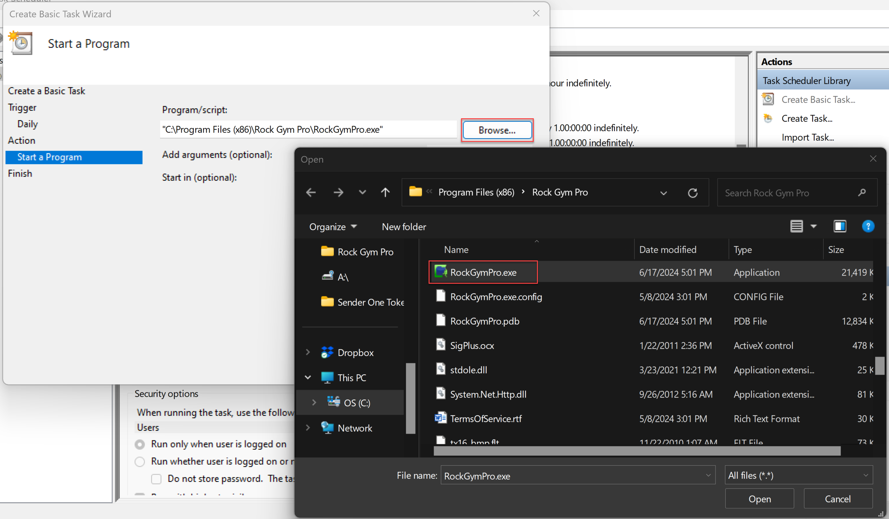 Task Scheduler selecting RockGymPro.exe