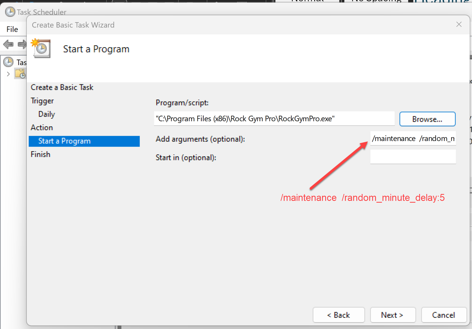 Task Scheduler program setup window.