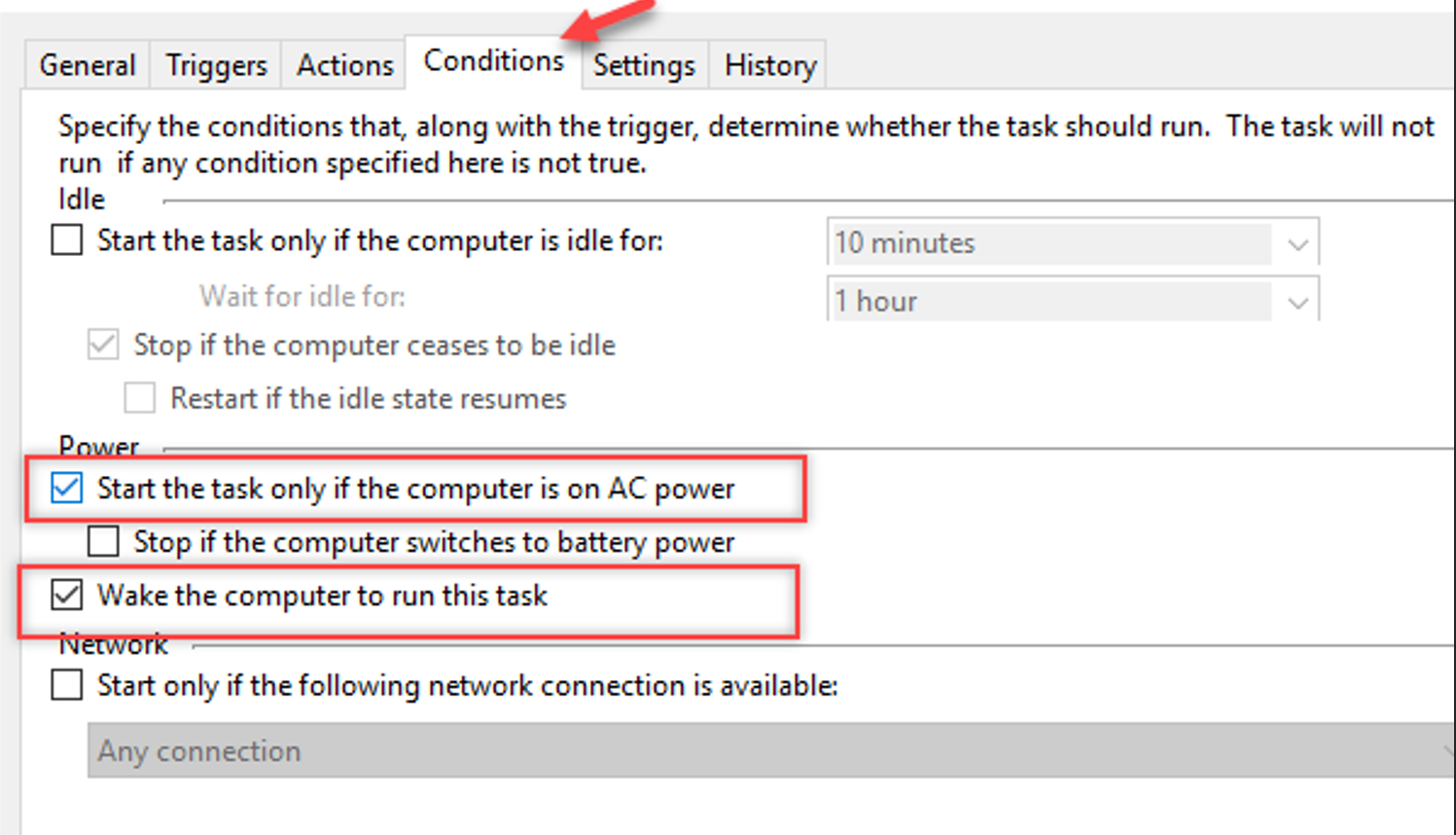 Task conditions settings window.