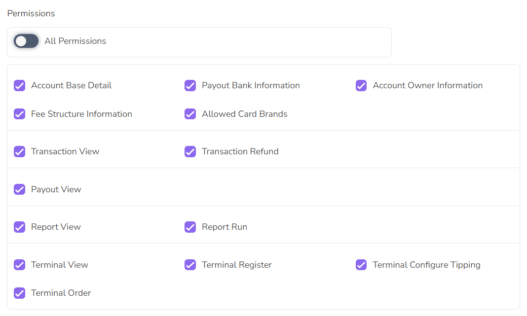 Permissions list with toggles and checkboxes