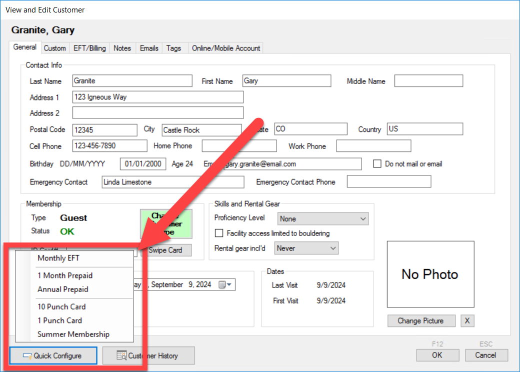 Customer profile form with membership options.