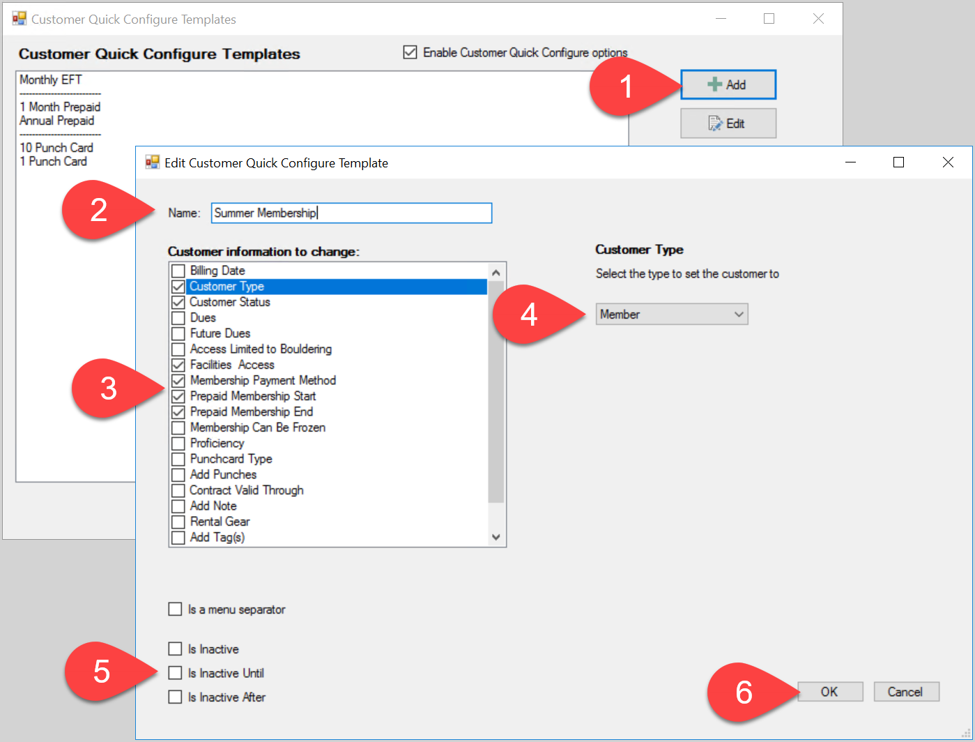 Customer configuration template settings window
