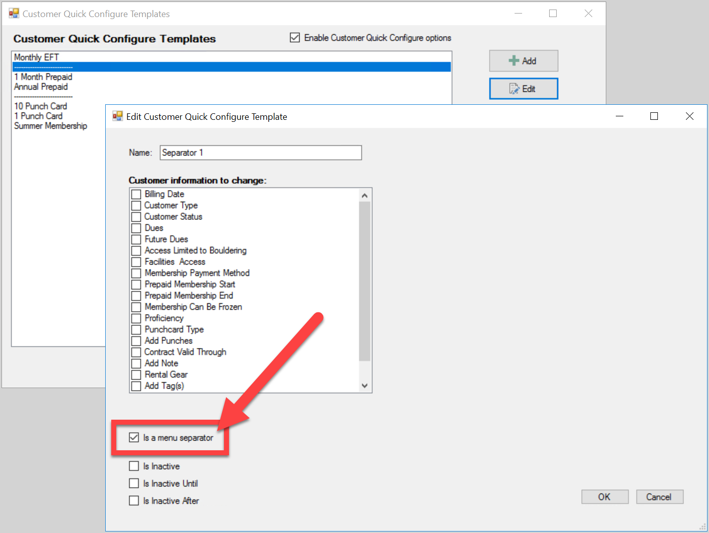 Checkbox labeled 'Is a menu separator' checked.