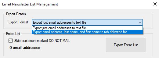 Email list export options window