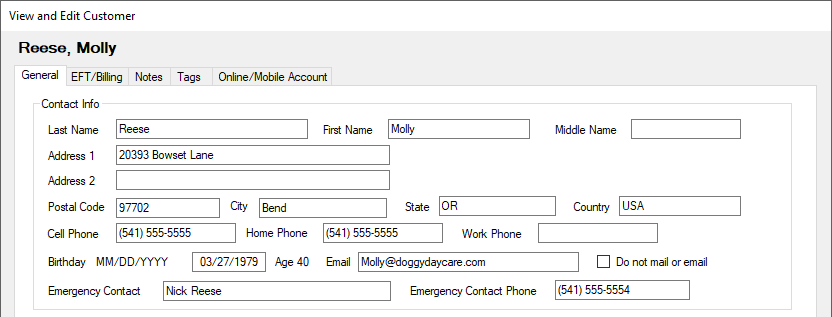 Customer contact information form.