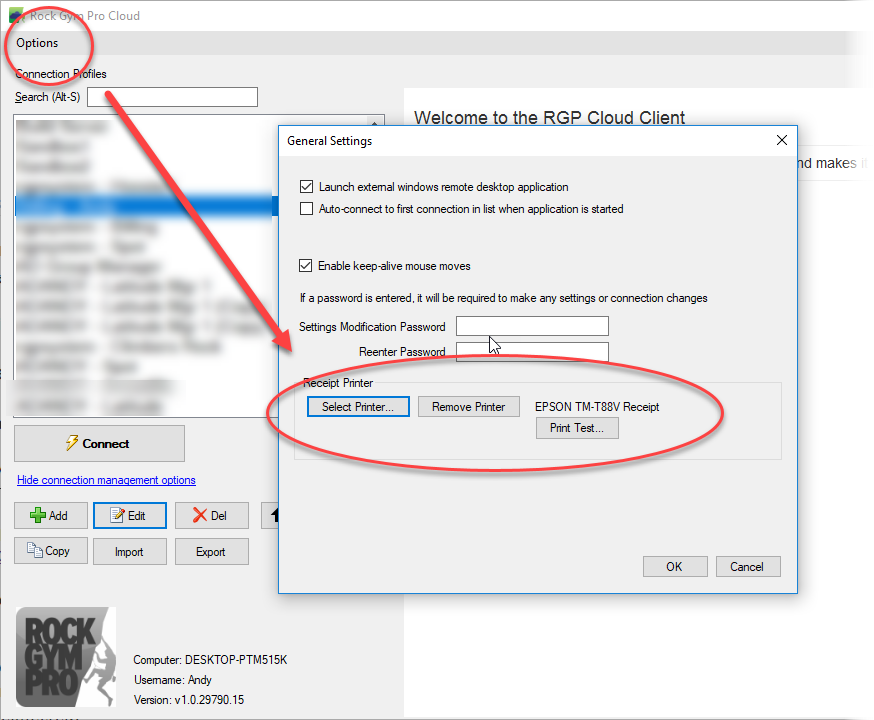 Printer selection settings window.