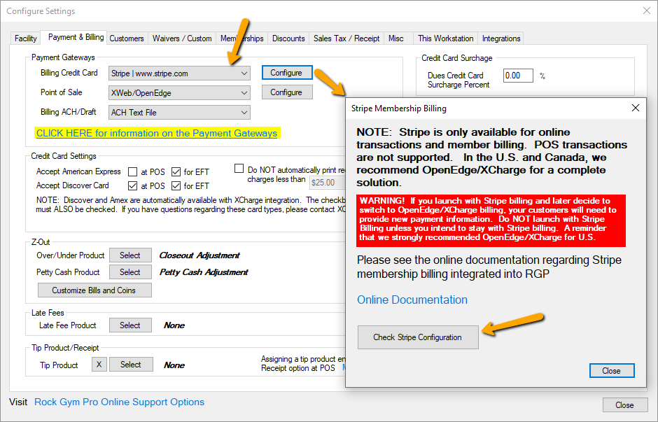 Payment gateway configuration window.