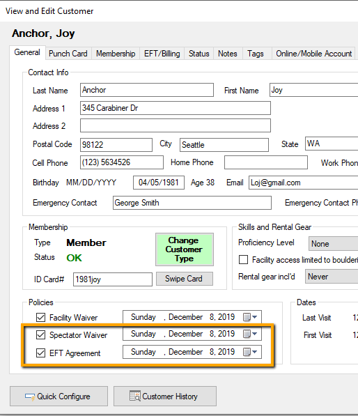 Customer profile form with waivers checked.