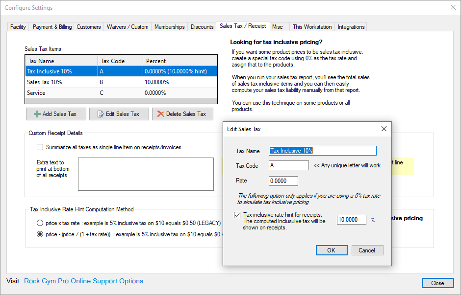 Sales tax configuration window