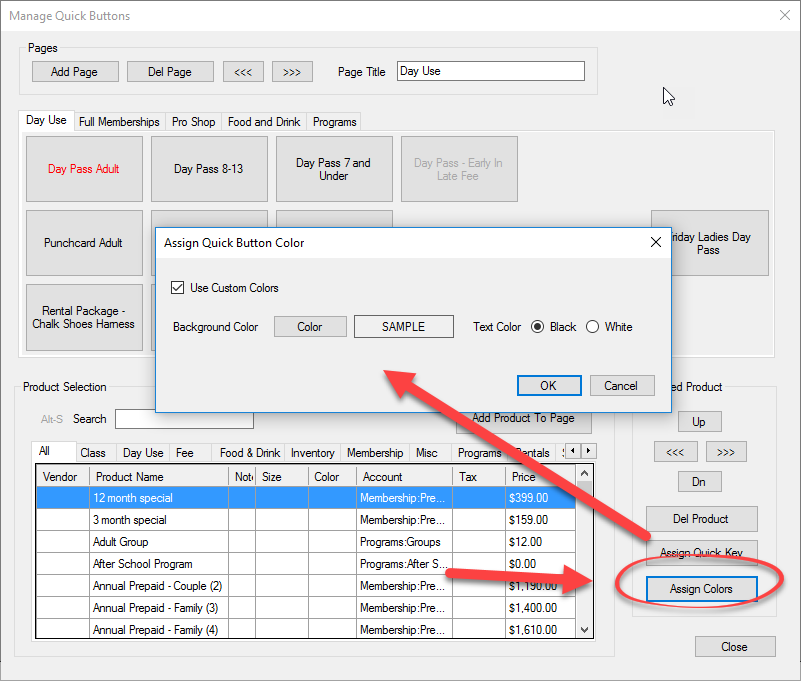 Assign Quick Button Color window in software.