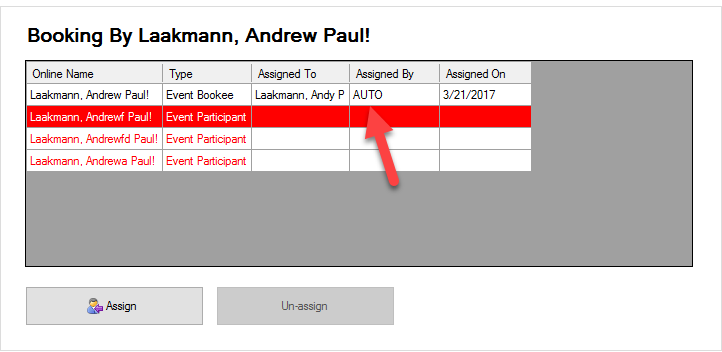 Booking table with assignment details.