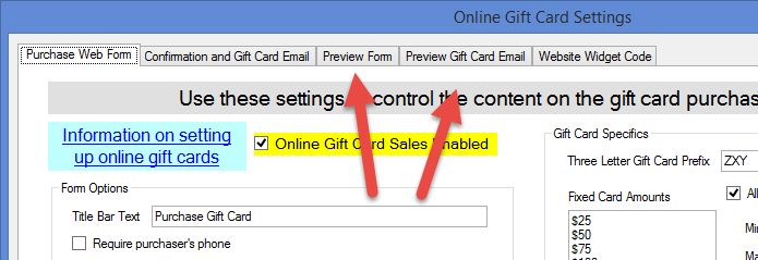 Online Gift Card Settings interface screenshot