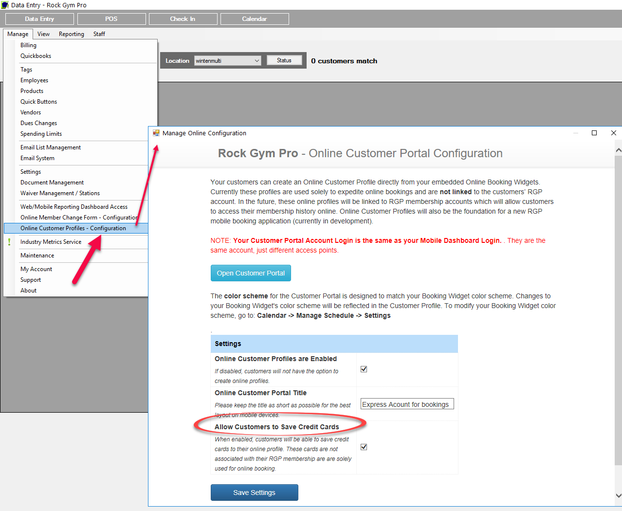 Online Customer Portal Configuration Screen