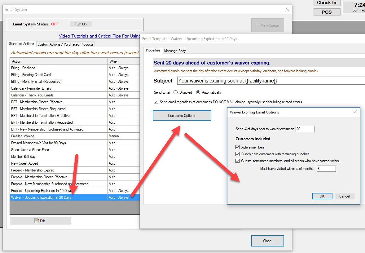 Email system settings and options screen.