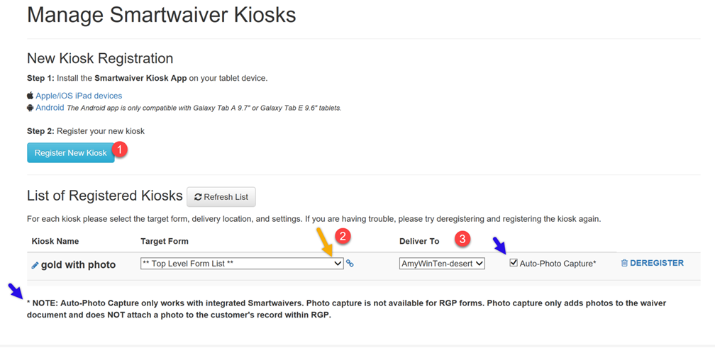 Manage Smartwaiver Kiosks interface screenshot