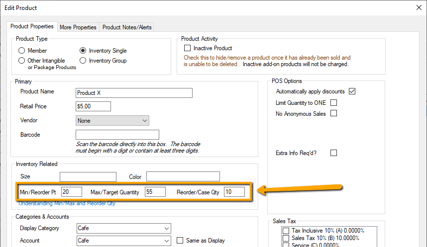 Product settings form with reorder details.